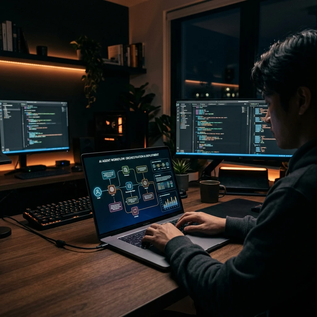 Agentic AI workspace with glowing workflow diagrams